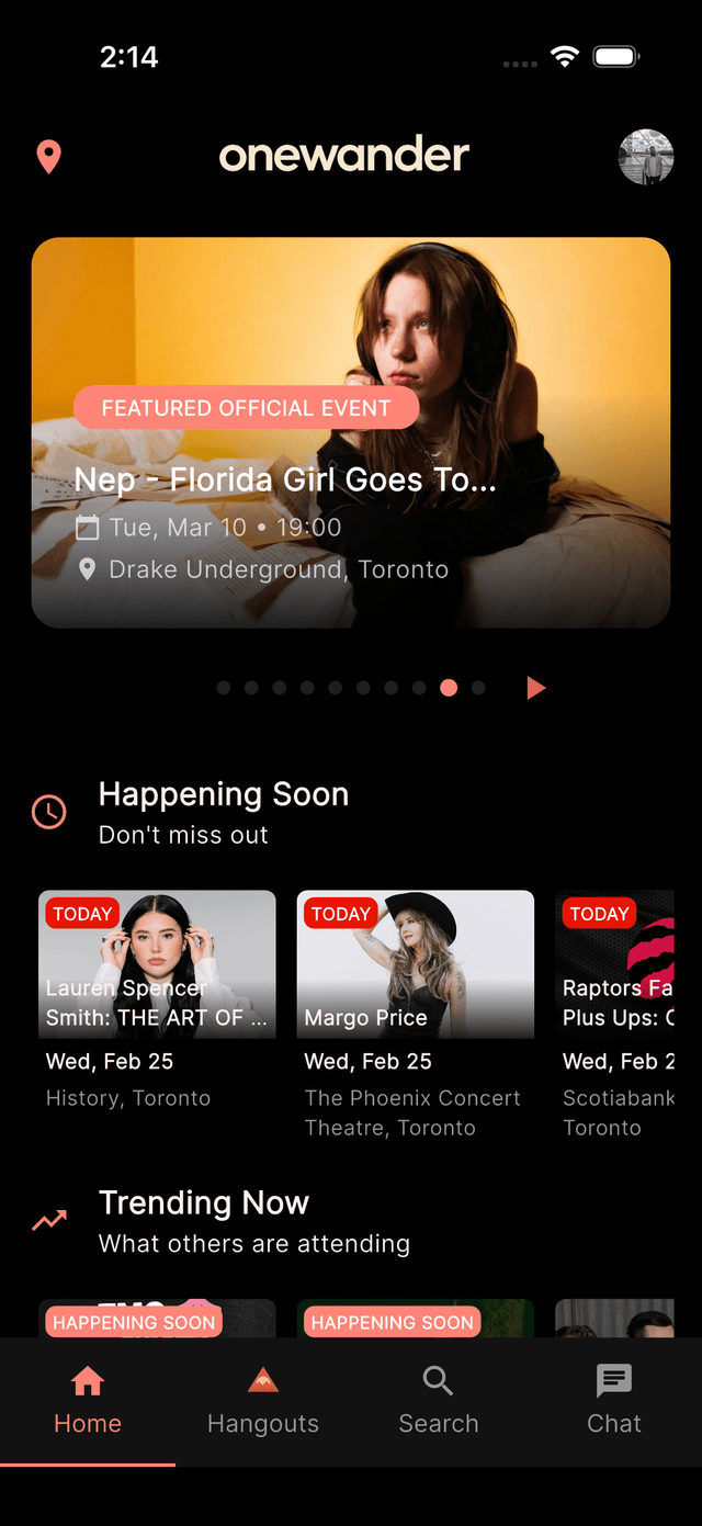 OneWander home screen showing featured events and upcoming shows
