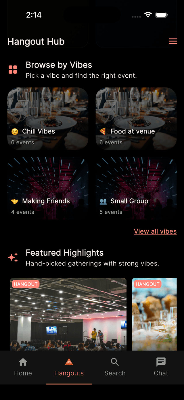 Hangout Hub showing featured hangouts and nearby meetups