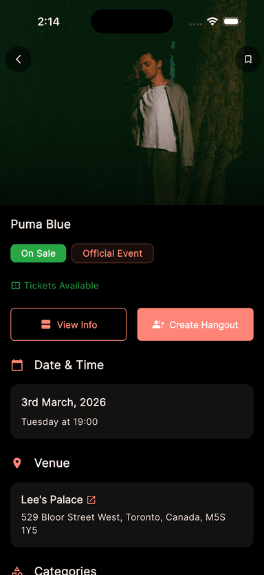 Event detail showing Create Hangout button