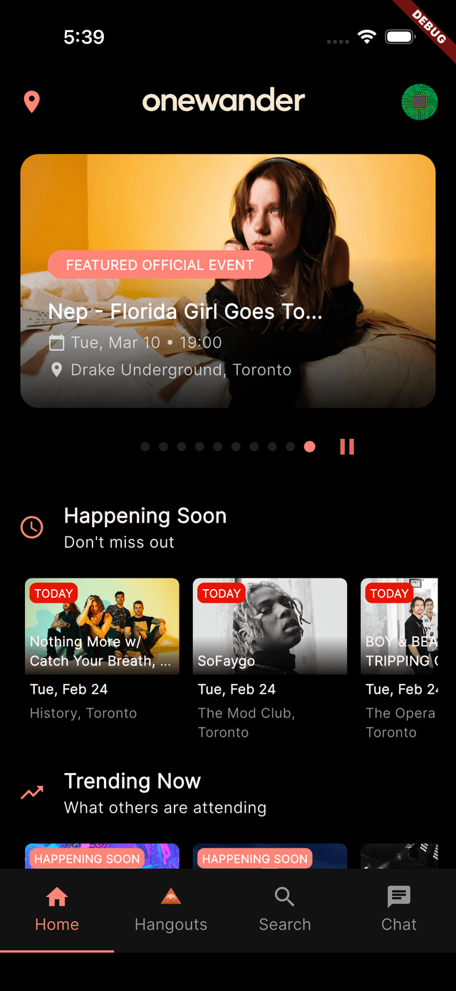 OneWander home screen showing featured events and upcoming shows