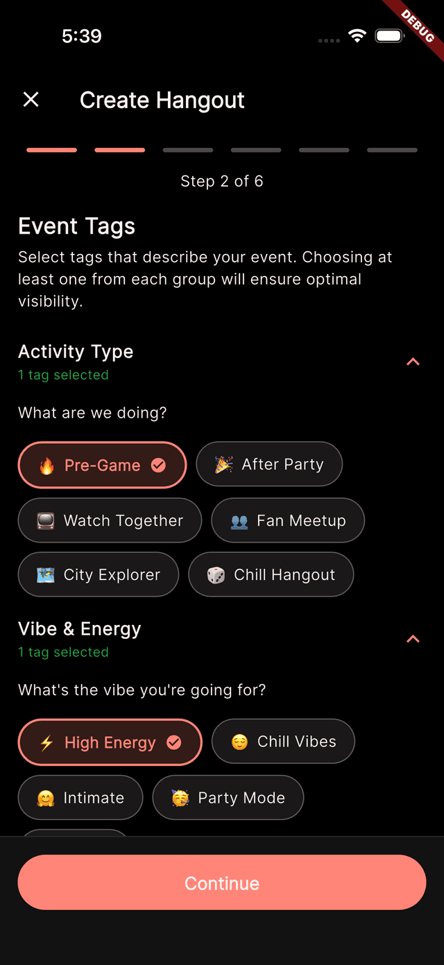 Create Hangout screen showing vibe and activity tag selection